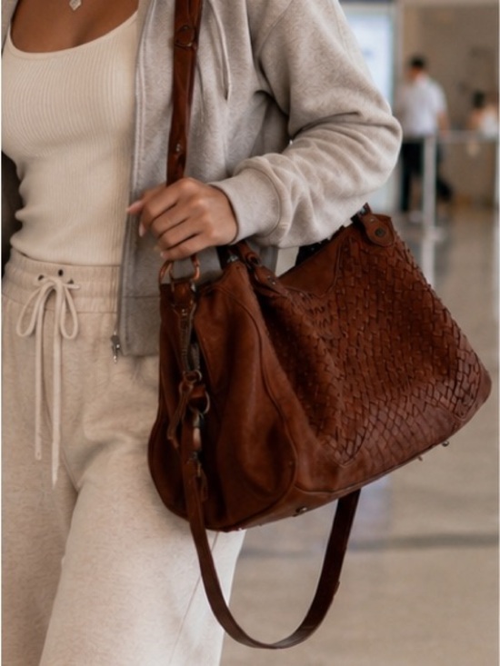 Langellotti Handbags - Italian Leather Woven Satchel Bag in Brown